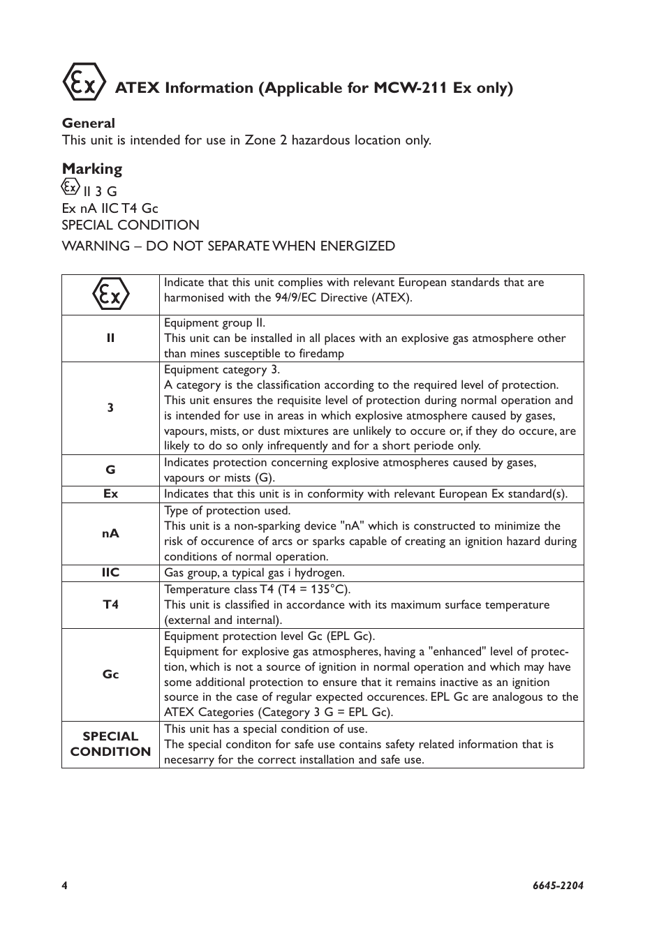 Marking, Atex information (applicable for mcw-211 ex only) | Westermo MCW-211 User Manual | Page 4 / 20