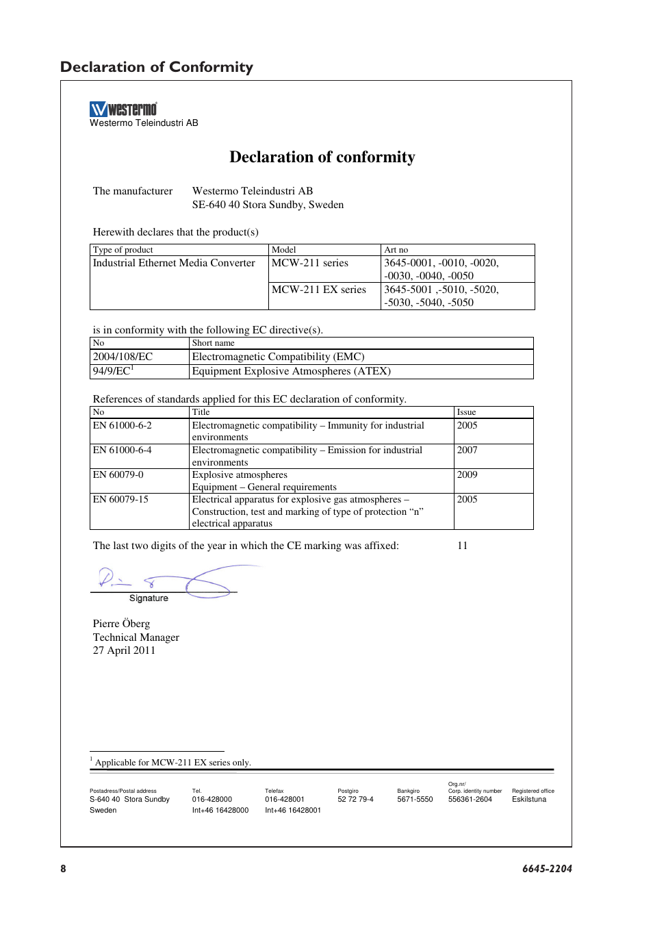 Declaration of conformity | Westermo MCW-211 User Manual | Page 8 / 20