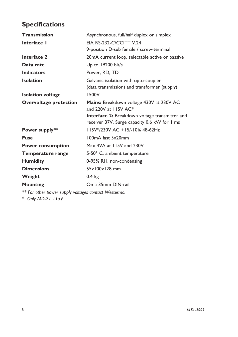 Specifications | Westermo MD-21 User Manual | Page 2 / 8