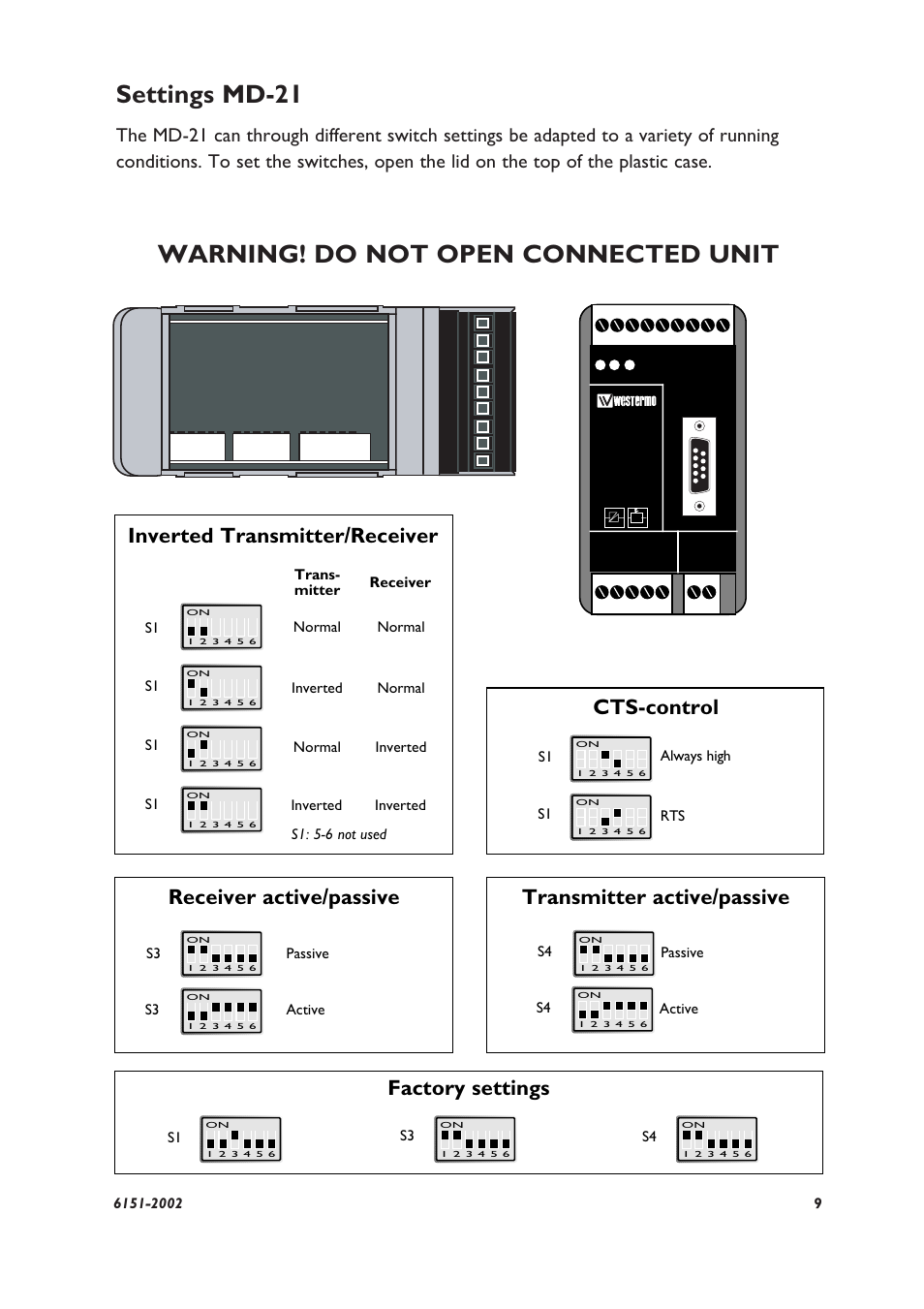 Settings md-21, Warning! do not open connected unit, Transmitter active/passive | Cts-control | Westermo MD-21 User Manual | Page 3 / 8