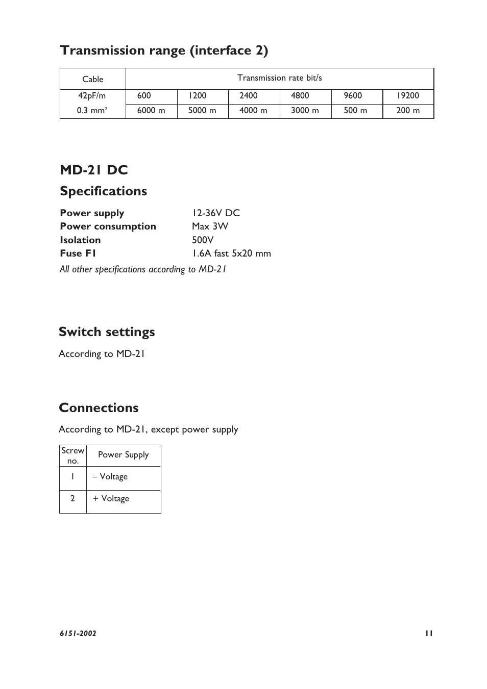 Transmission range (interface 2) switch settings, Connections, Md-21 dc specifications | Westermo MD-21 User Manual | Page 5 / 8