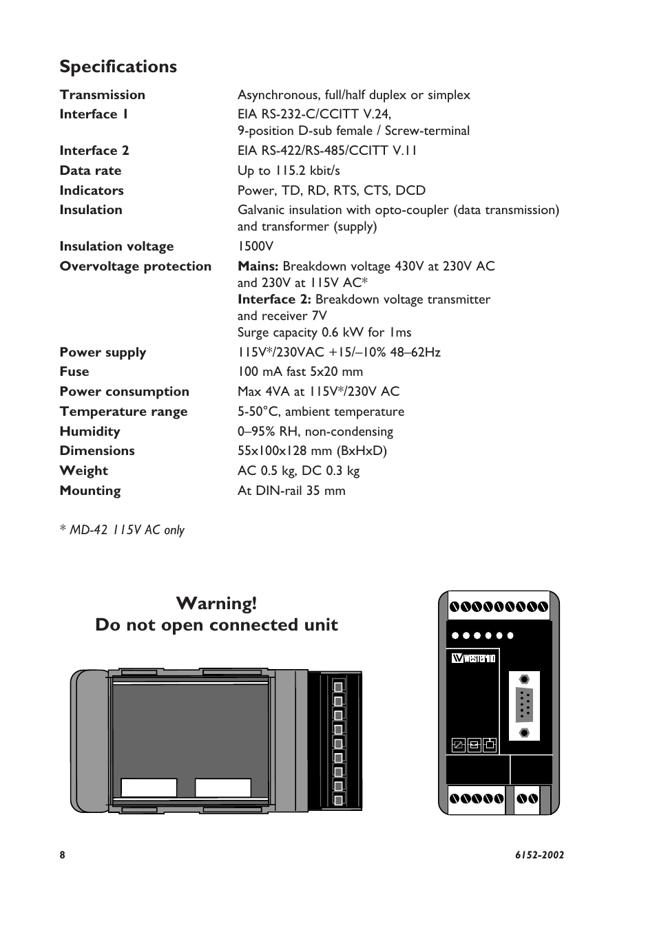 Specifications, Warning! do not open connected unit | Westermo MD-42 User Manual | Page 2 / 8