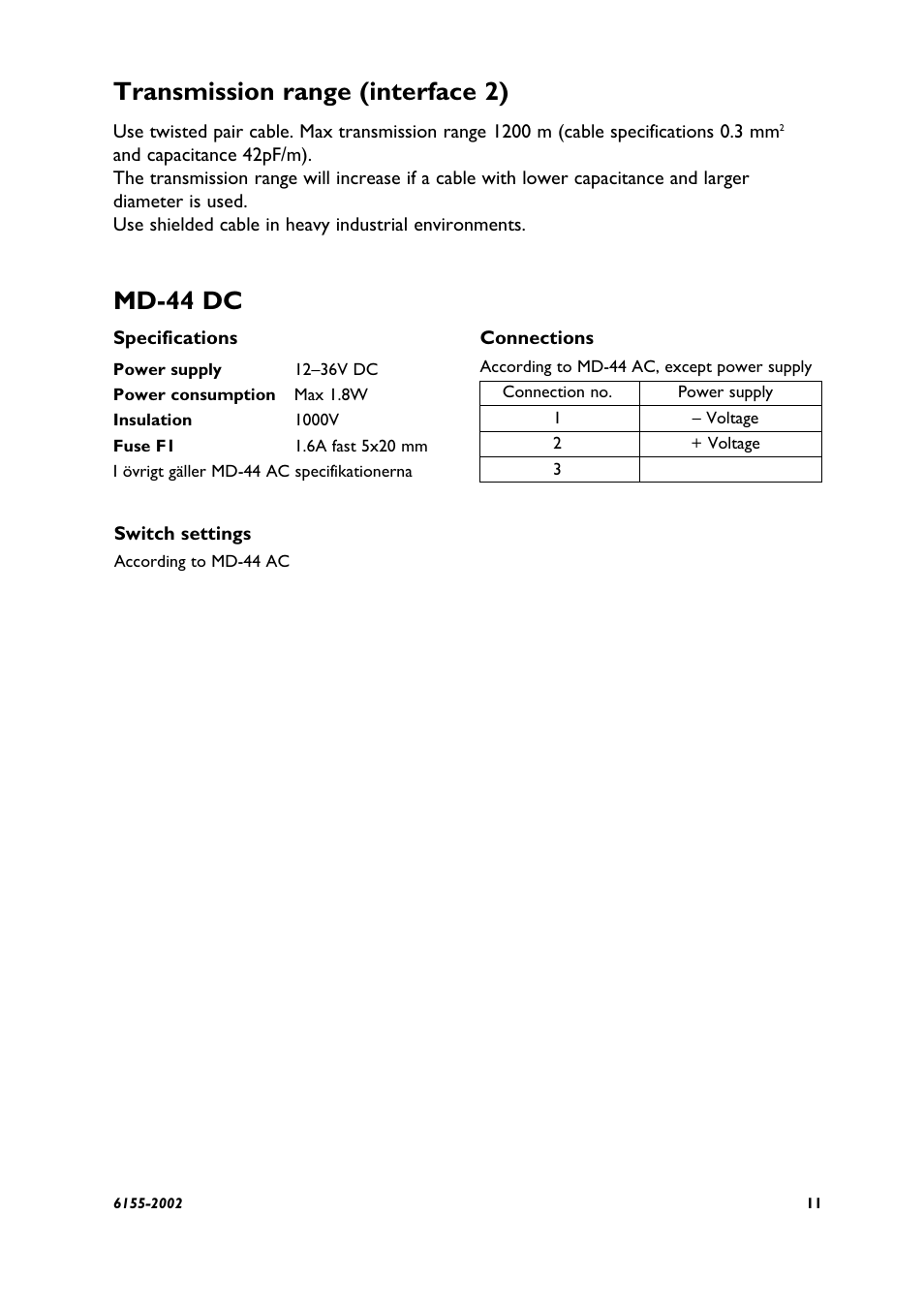 Md-44 dc, Transmission range (interface 2) | Westermo MD-44 User Manual | Page 5 / 8