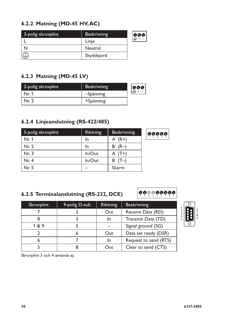 2 matning (md-45 hv, ac), 3 matning (md-45 lv), 5 terminalanslutning (rs-232, dce) | Westermo MD-45 User Manual | Page 10 / 60