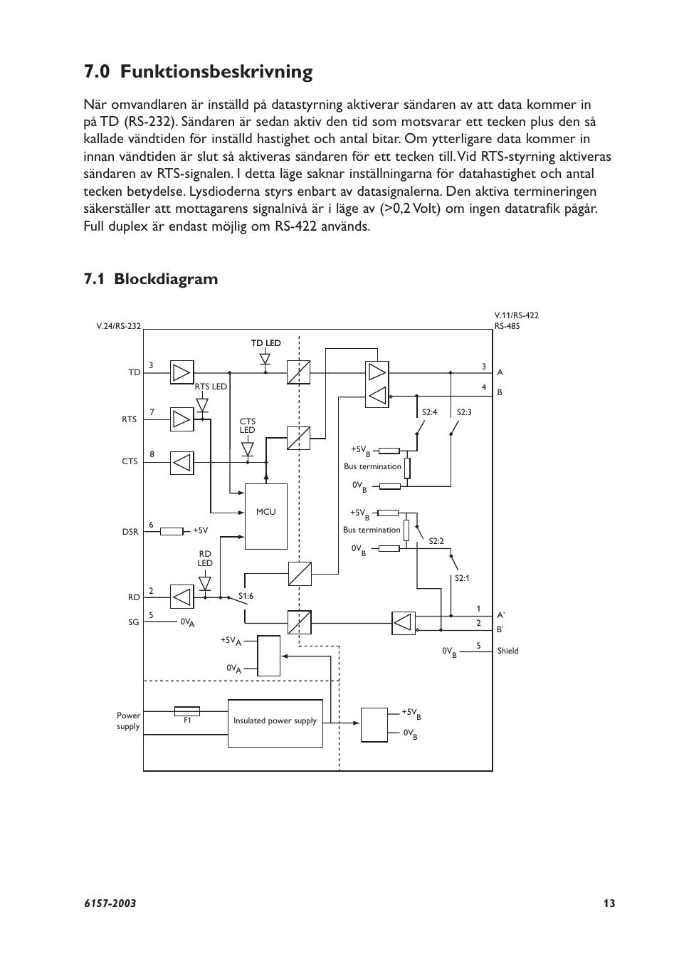 0 funktionsbeskrivning, 1 blockdiagram | Westermo MD-45 User Manual | Page 13 / 60