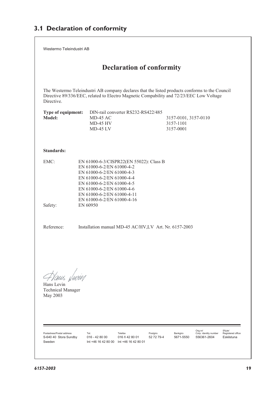 Declaration of conformity, 1 declaration of conformity | Westermo MD-45 User Manual | Page 19 / 60