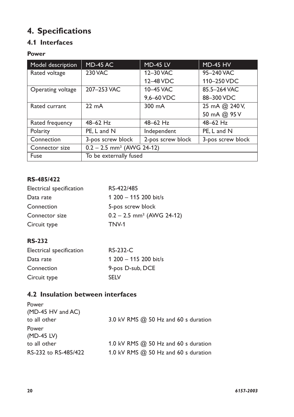 Specifications | Westermo MD-45 User Manual | Page 20 / 60