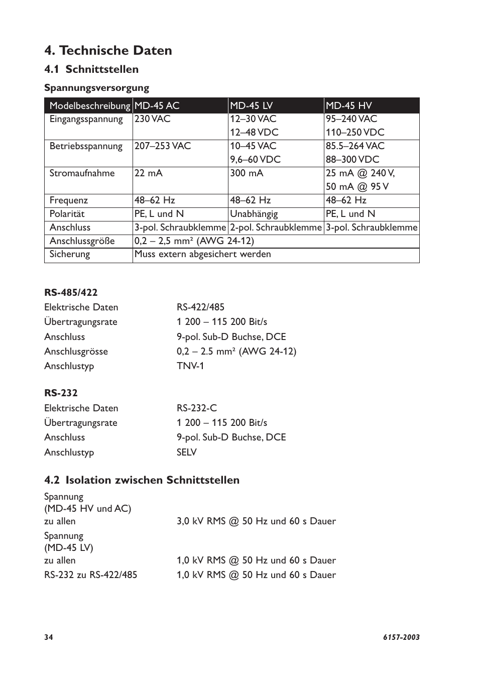 Technische daten | Westermo MD-45 User Manual | Page 34 / 60