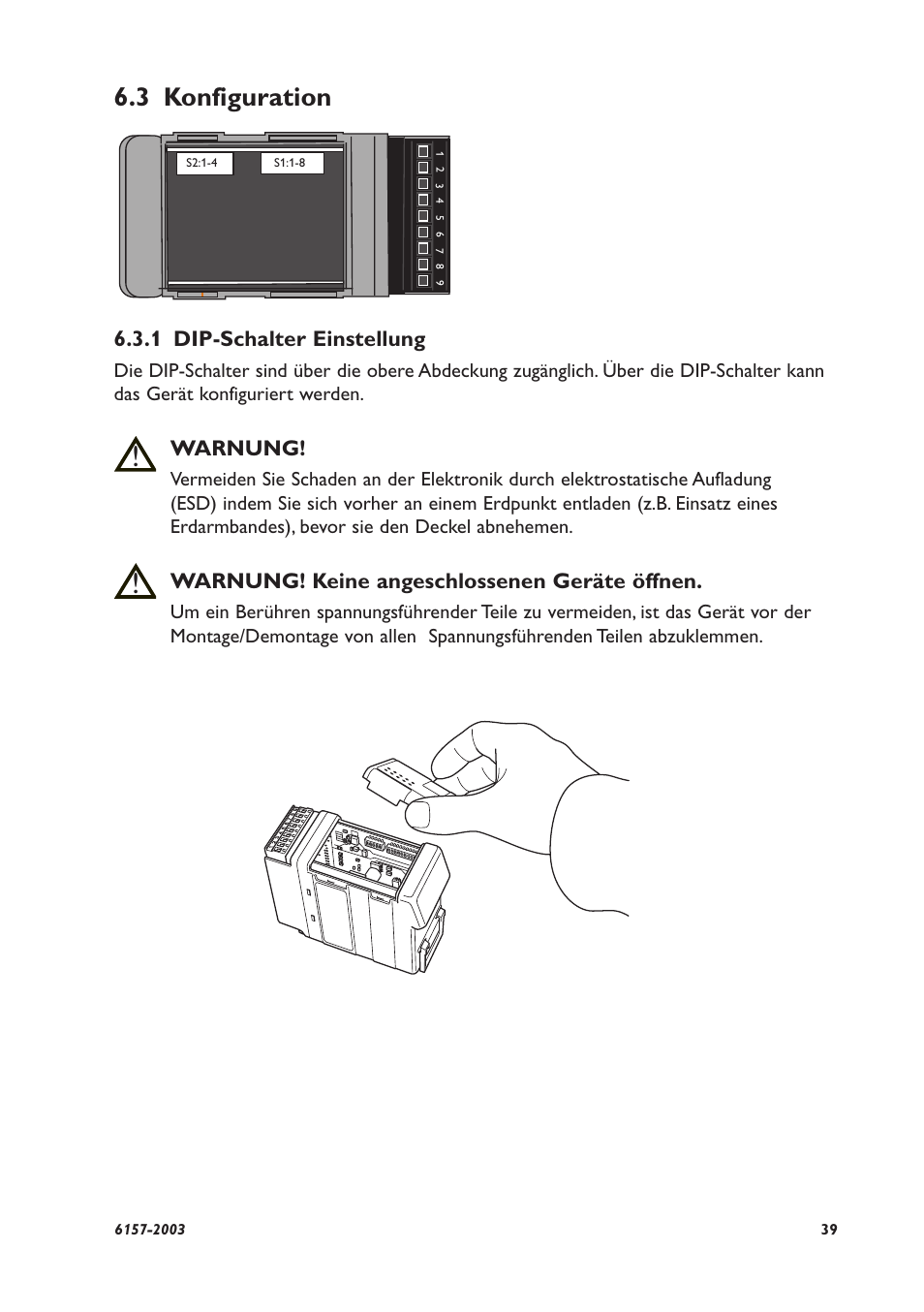 3 konfiguration, 1 dip-schalter einstellung, Warnung | Warnung! keine angeschlossenen geräte öffnen | Westermo MD-45 User Manual | Page 39 / 60