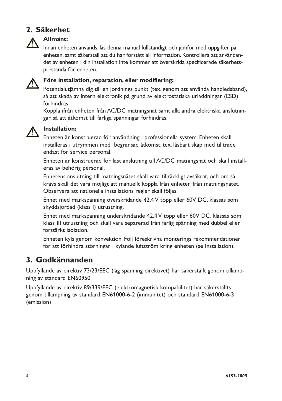 Säkerhet, Godkännanden | Westermo MD-45 User Manual | Page 4 / 60