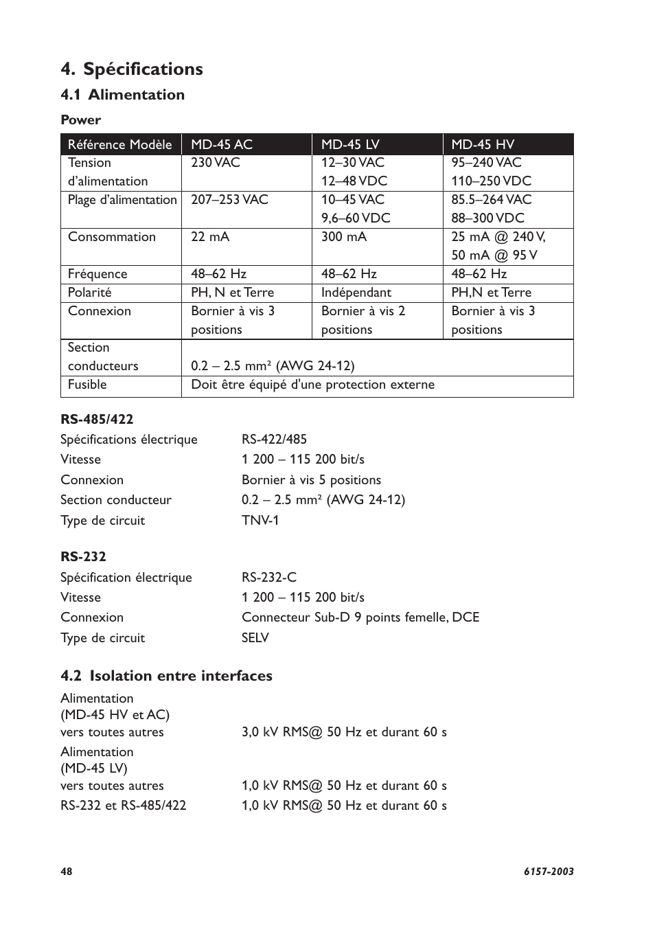 Spécifications | Westermo MD-45 User Manual | Page 48 / 60