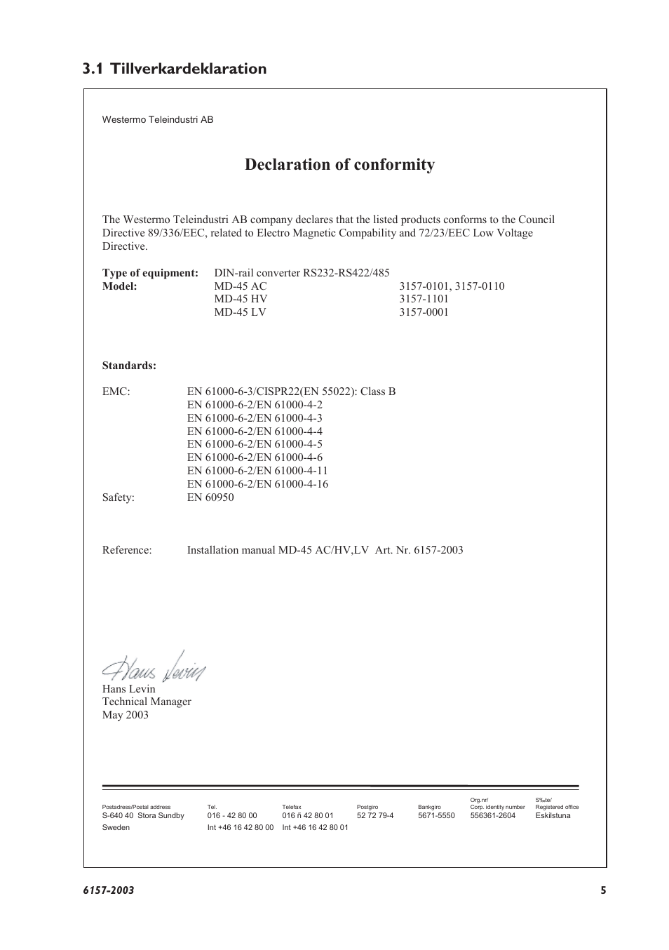 Declaration of conformity, 1 tillverkardeklaration | Westermo MD-45 User Manual | Page 5 / 60