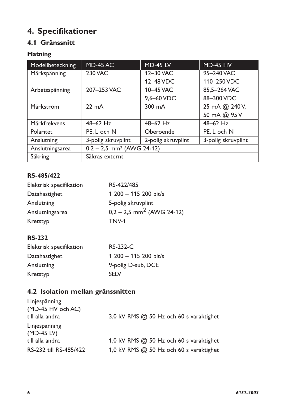 Specifikationer | Westermo MD-45 User Manual | Page 6 / 60