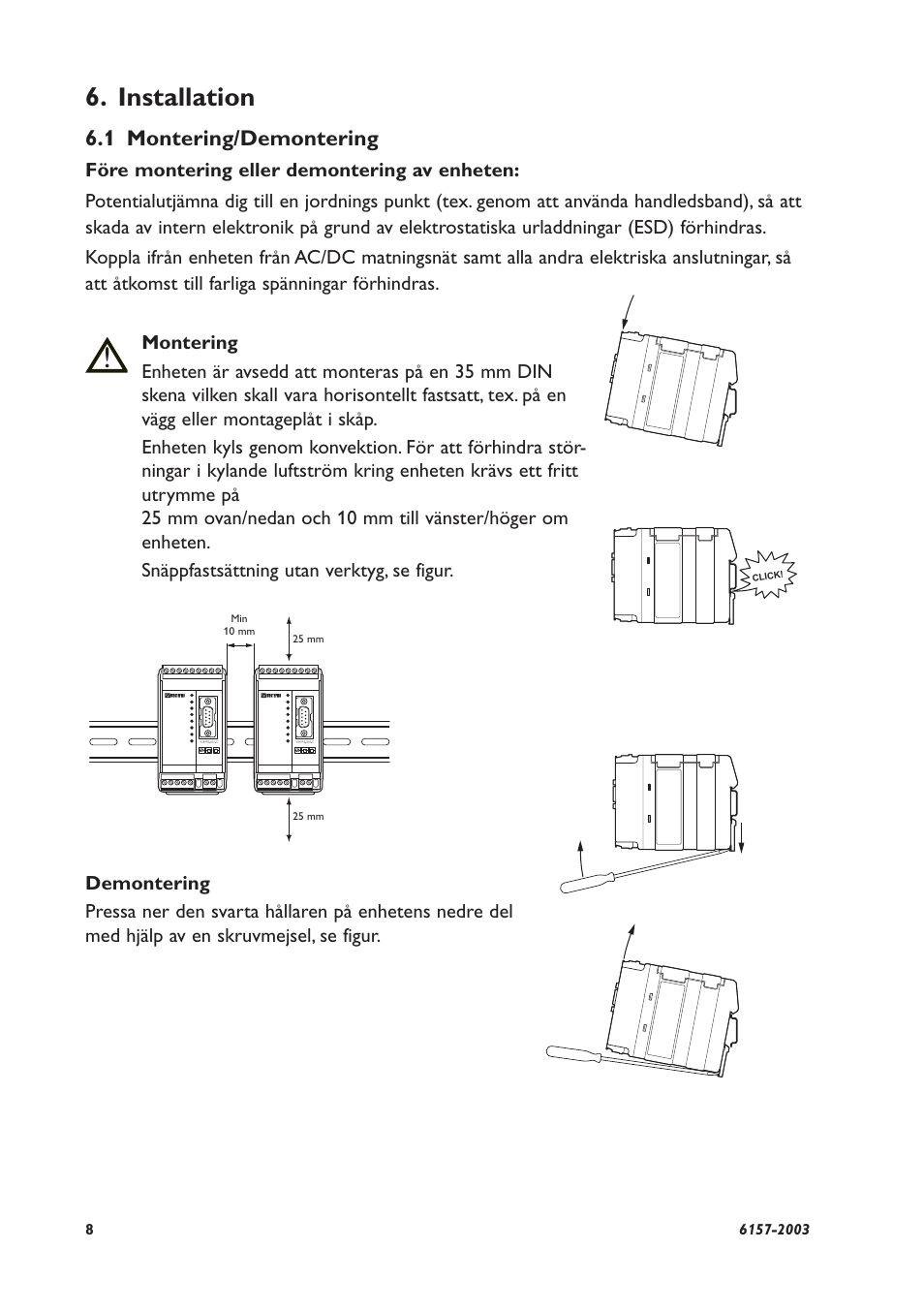 Installation, 1 montering/demontering | Westermo MD-45 User Manual | Page 8 / 60
