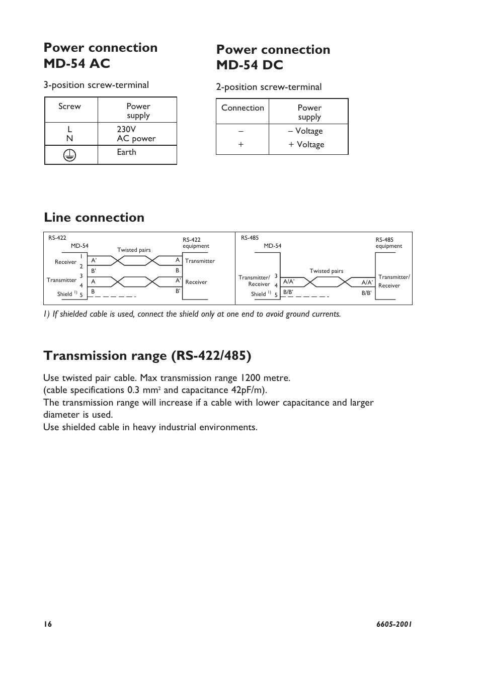 Power connection md-54 dc, Power connection md-54 ac, Position screw-terminal | Westermo MD-54 User Manual | Page 5 / 12