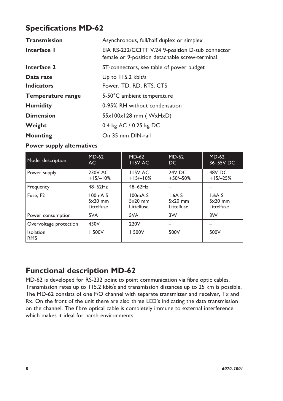 Specifications md-62, Functional description md-62 | Westermo MD-62 User Manual | Page 2 / 8