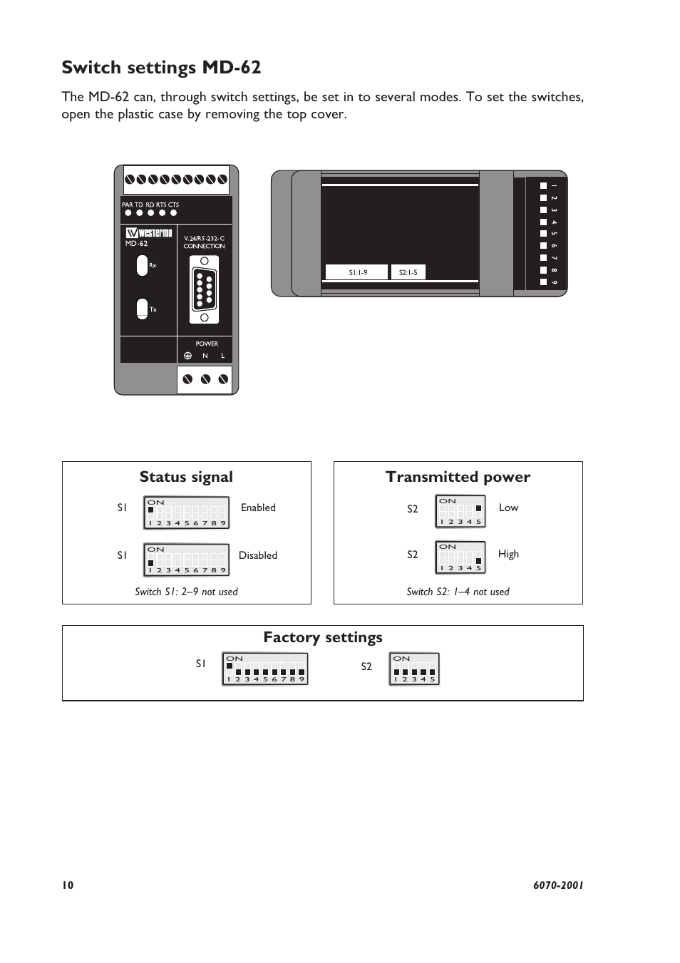 Switch settings md-62, Status signal factory settings, Transmitted power | Westermo MD-62 User Manual | Page 4 / 8