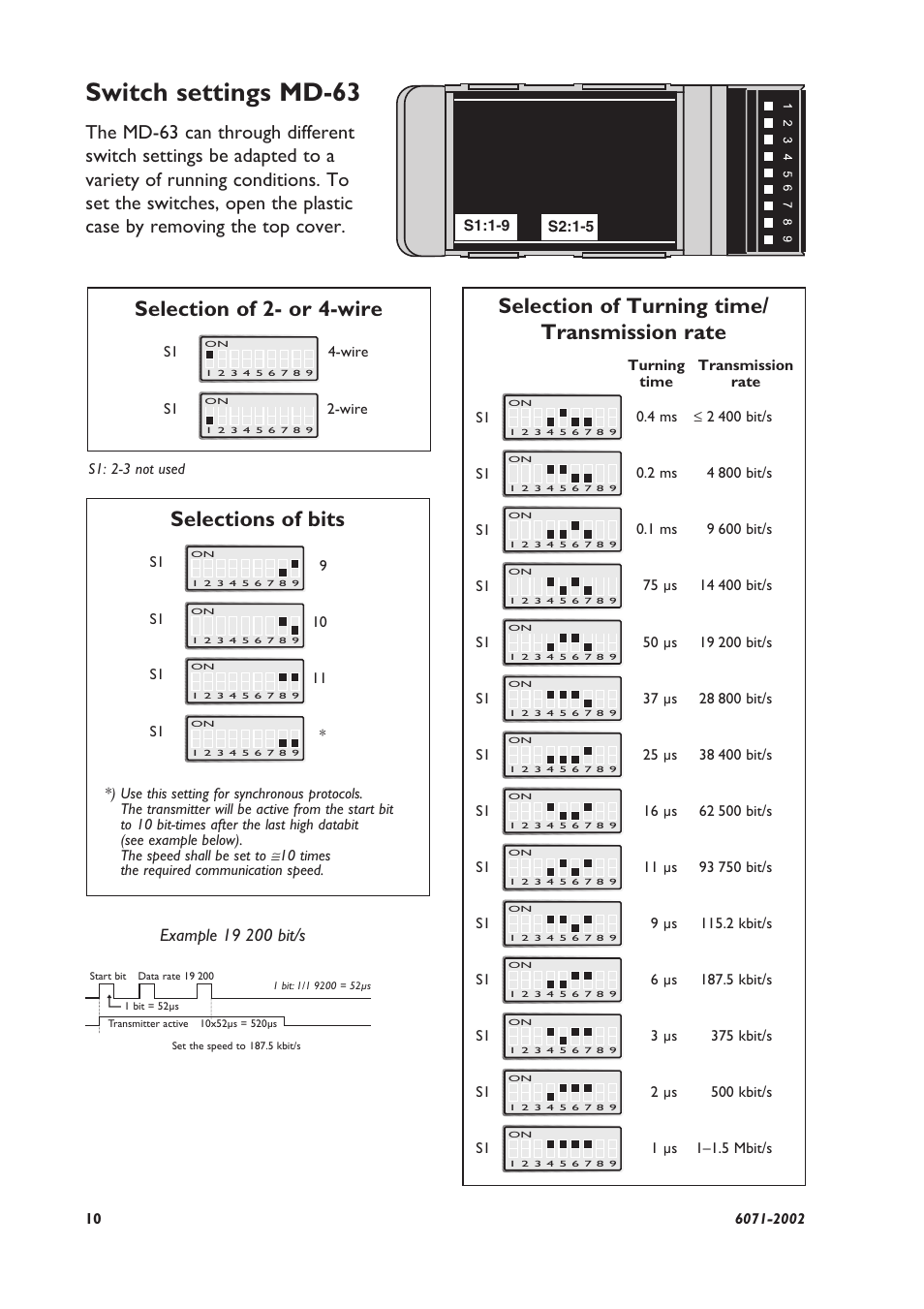 Switch settings md-63, Selection of turning time/ transmission rate, Selection of 2- or 4-wire | Selections of bits | Westermo MD-63 User Manual | Page 4 / 8