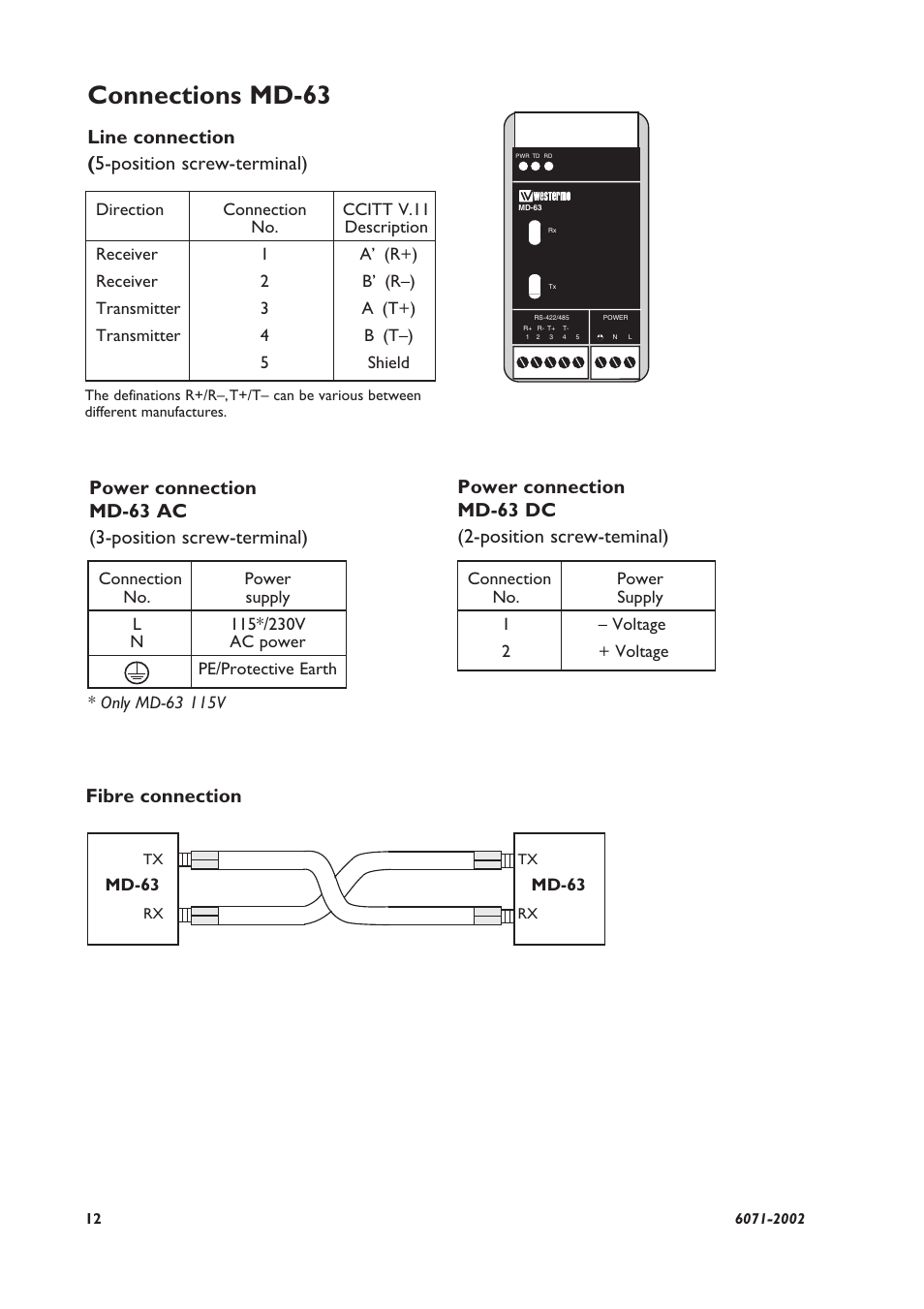 Connections md-63, Fibre connection | Westermo MD-63 User Manual | Page 6 / 8
