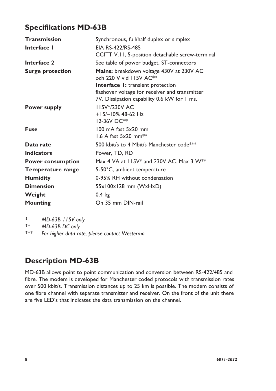 Specifikations md-63b, Description md-63b | Westermo MD-63 B User Manual | Page 2 / 8