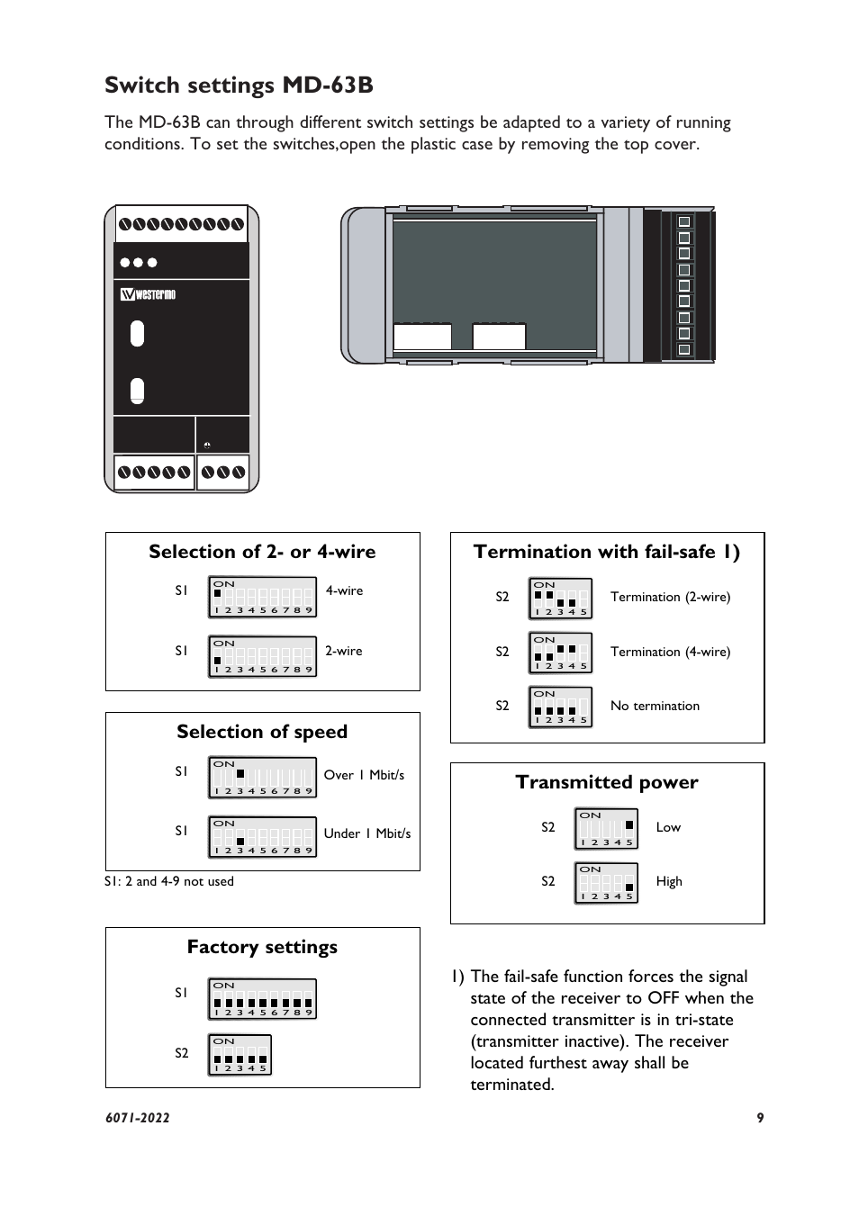 Switch settings md-63b, Selection of 2- or 4-wire, Selection of speed | Factory settings, Termination with fail-safe 1), Transmitted power | Westermo MD-63 B User Manual | Page 3 / 8