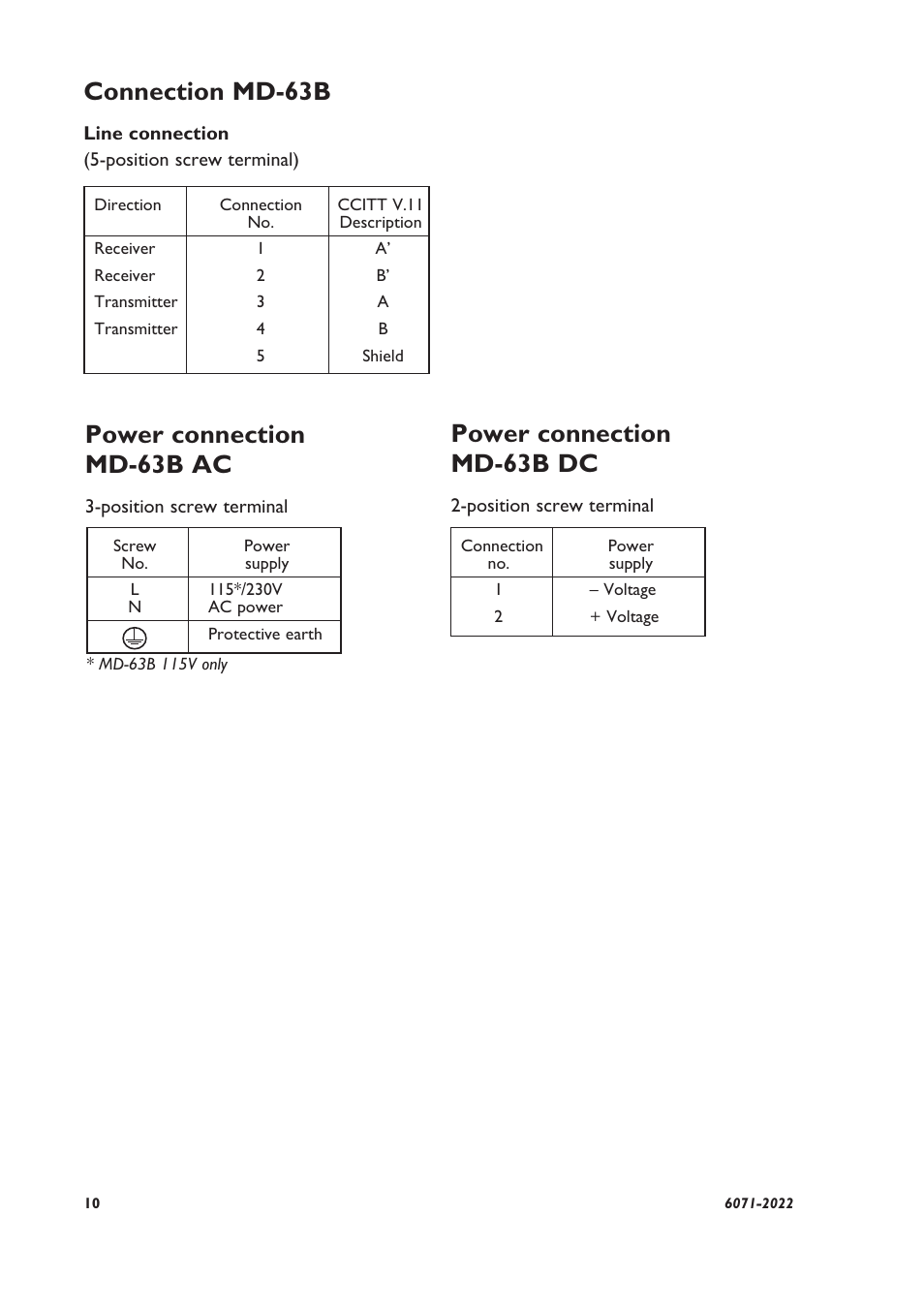 Connection md-63b, Power connection md-63b dc, Power connection md-63b ac | Westermo MD-63 B User Manual | Page 4 / 8