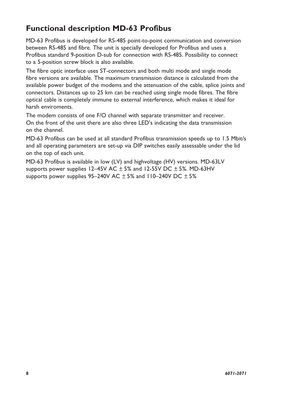 Functional description md-63 profibus | Westermo MD-63 Profibus User Manual | Page 2 / 8