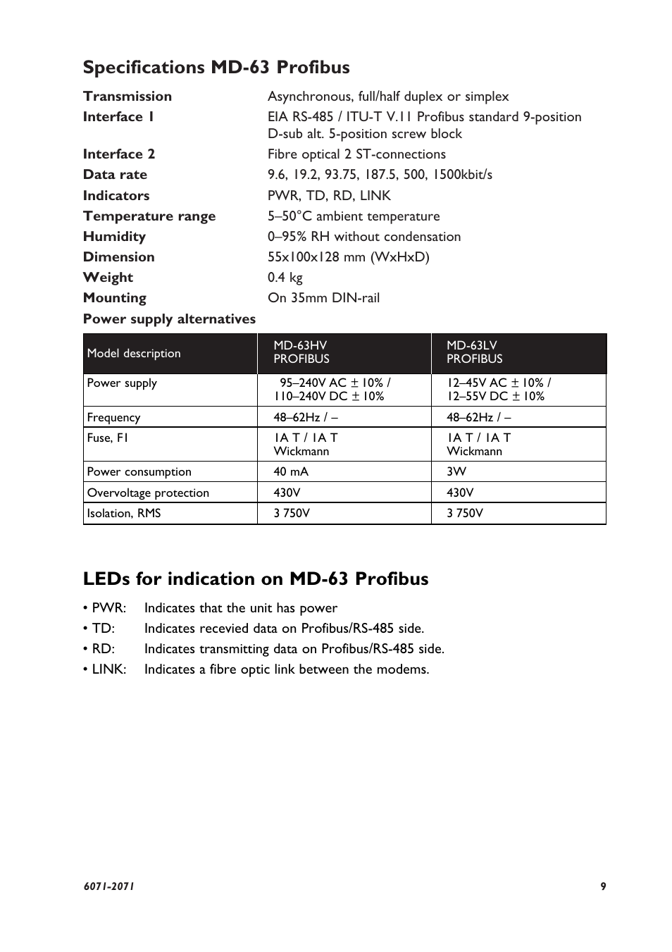 Specifications md-63 profibus, Leds for indication on md-63 profibus | Westermo MD-63 Profibus User Manual | Page 3 / 8