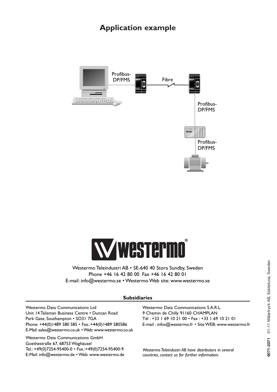 Application example, Profibus- dp/fms, Subsidiaries | Channel 3 pwr rd td dcd2 dcd3 dcd4, Channel 4, R+ r- t+ t- t+ t- r+ r | Westermo MD-63 Profibus User Manual | Page 8 / 8