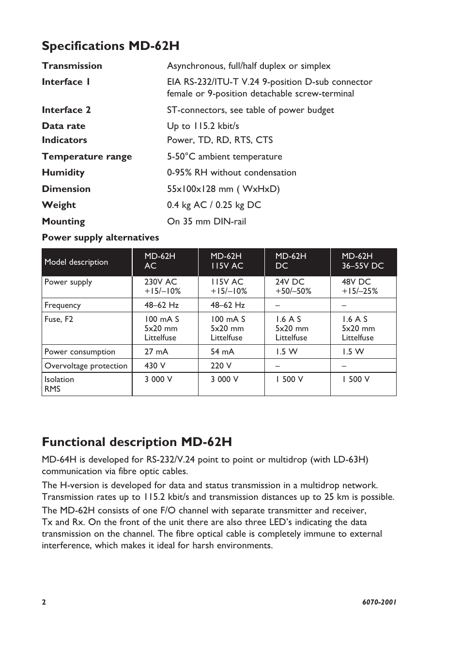 Specifications md-62h, Functional description md-62h | Westermo MD-64 H User Manual | Page 2 / 8
