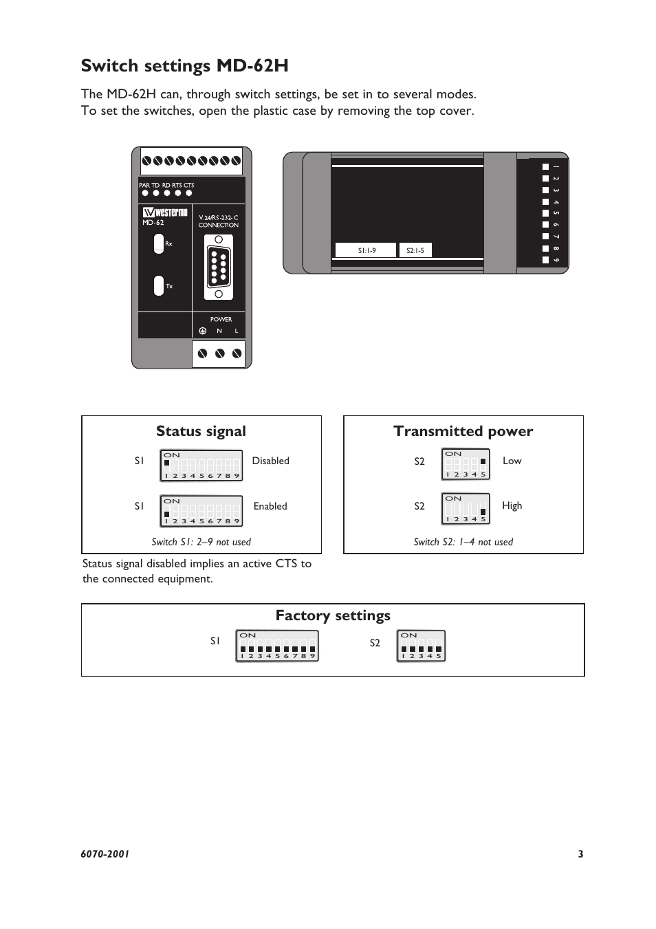 Switch settings md-62h, Status signal factory settings, Transmitted power | Westermo MD-64 H User Manual | Page 3 / 8