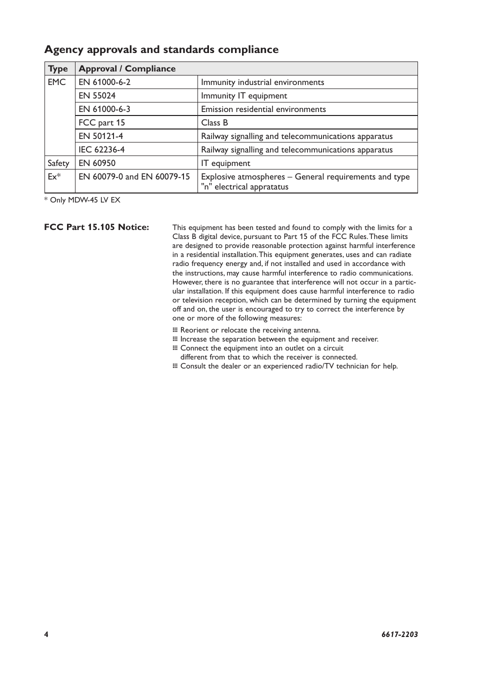 Agency approvals and standards compliance | Westermo MDW-45 User Manual | Page 4 / 20