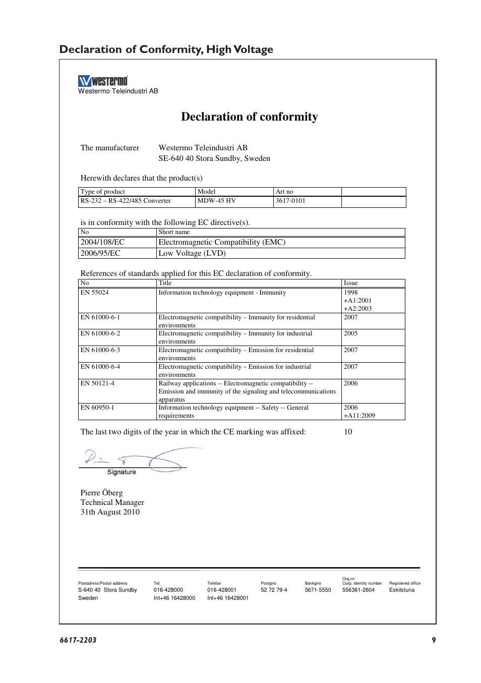 Declaration of conformity, Declaration of conformity, high voltage | Westermo MDW-45 User Manual | Page 9 / 20