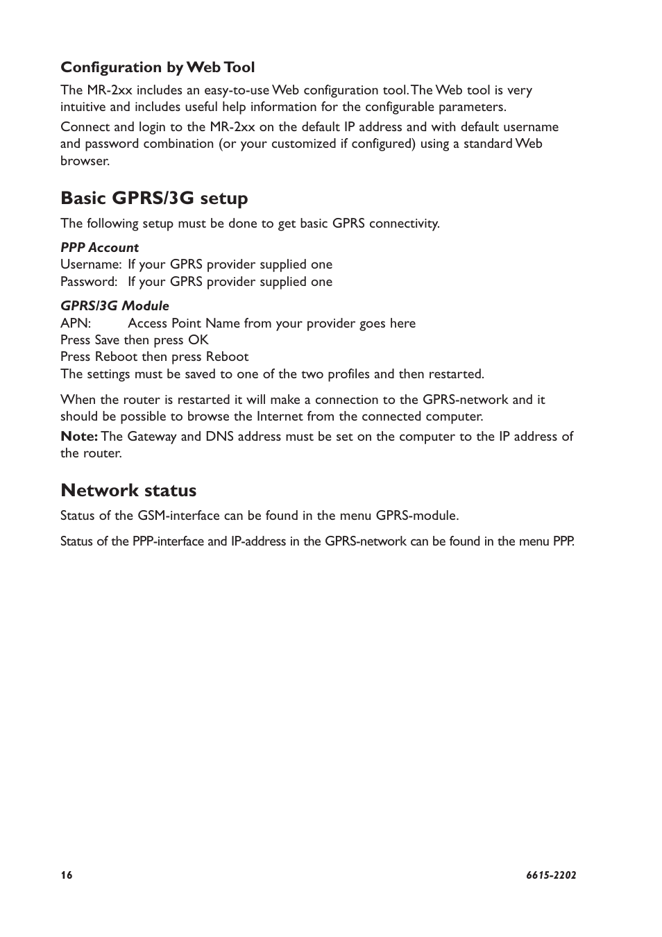 Basic gprs/3g setup, Network status | Westermo MR-200 User Manual | Page 16 / 20