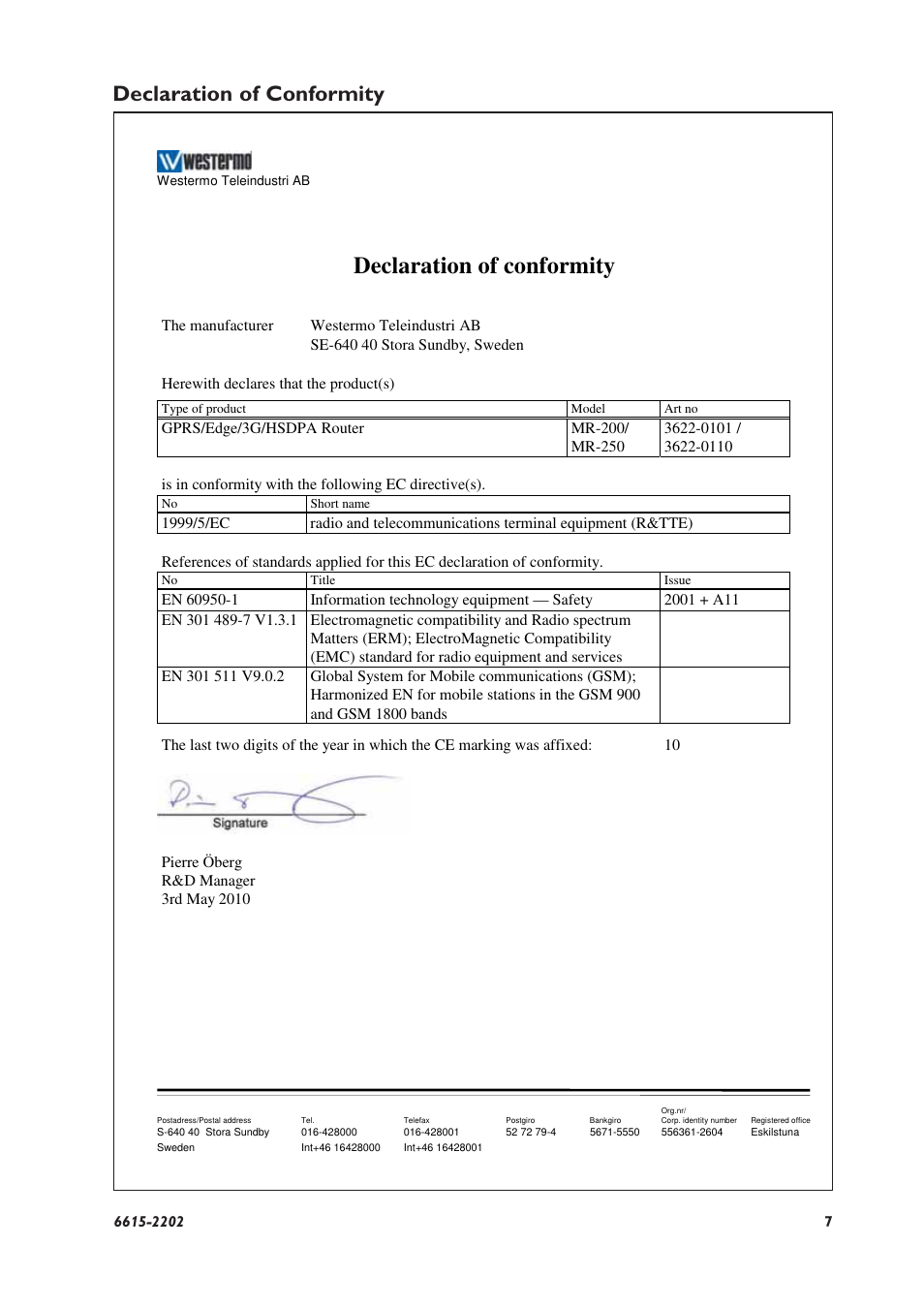 Declaration of conformity | Westermo MR-200 User Manual | Page 7 / 20