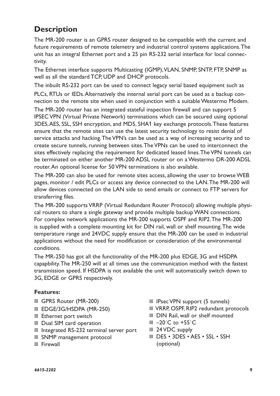 Description | Westermo MR-200 User Manual | Page 9 / 20