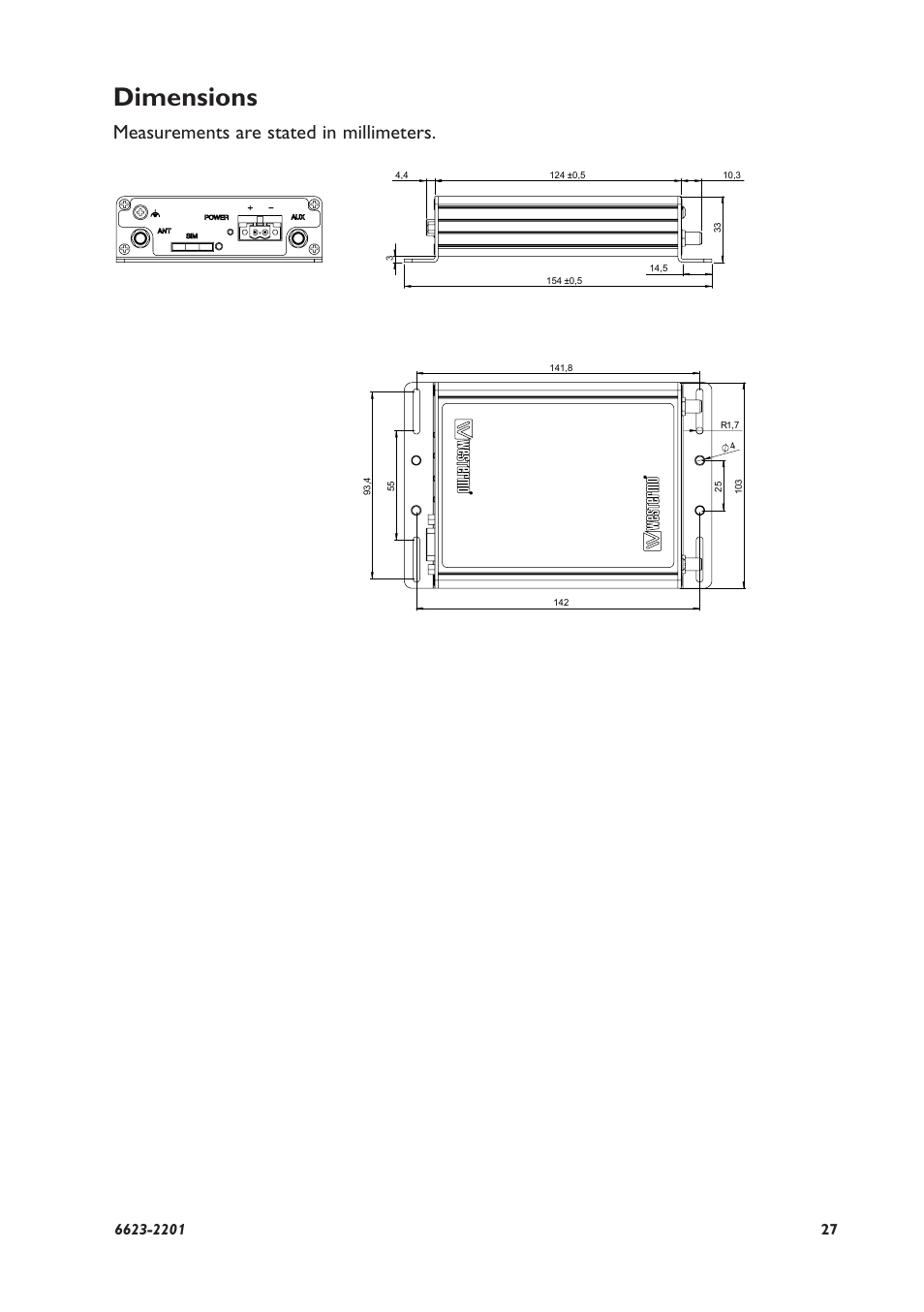 Dimensions, Measurements are stated in millimeters | Westermo MRD-310 User Manual | Page 27 / 28