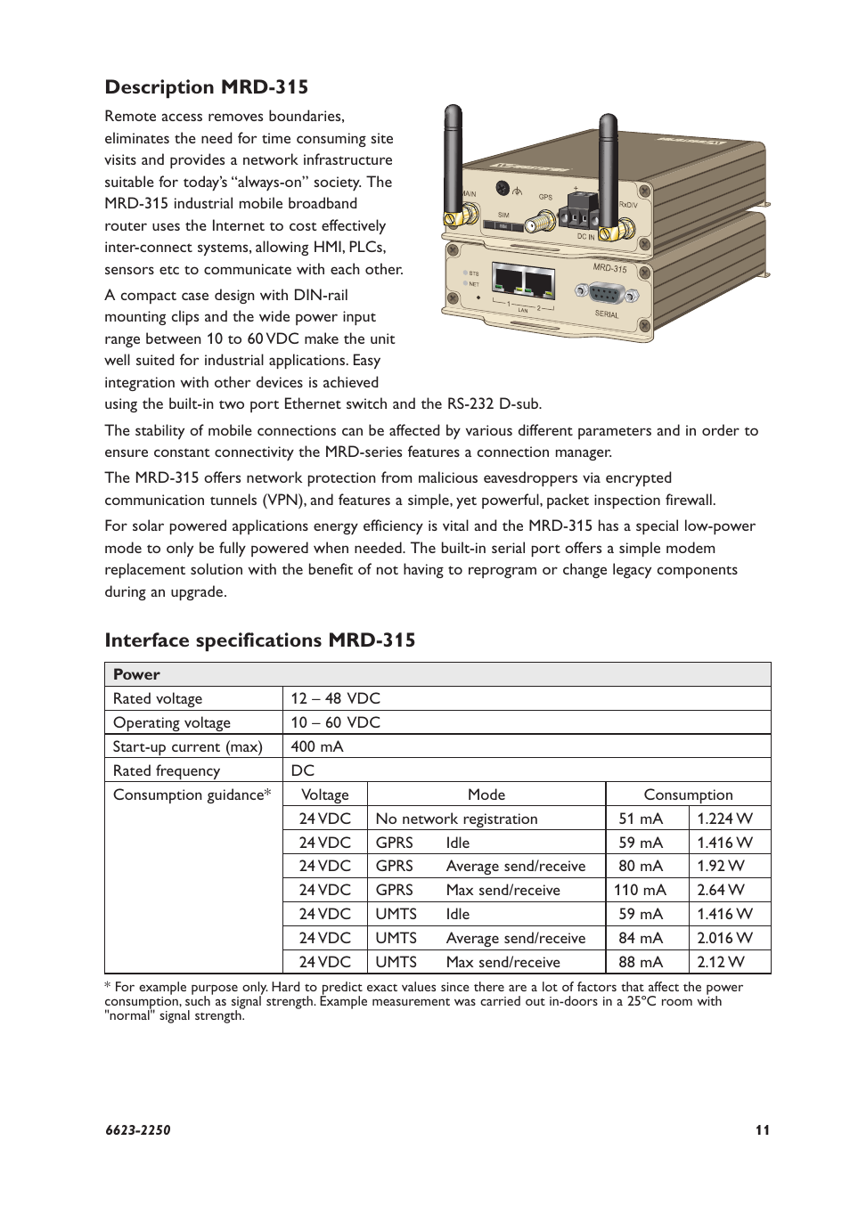 Description mrd-315, Interface specifications mrd-315 | Westermo MRD-315 User Manual | Page 11 / 34