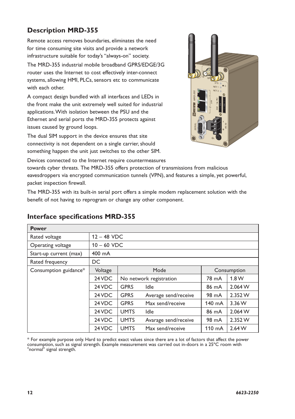 Description mrd-355, Interface specifications mrd-355 | Westermo MRD-315 User Manual | Page 12 / 34