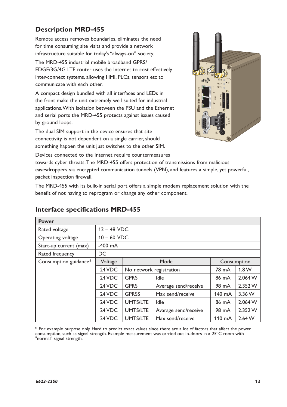 Description mrd-455, Interface specifications mrd-455 | Westermo MRD-315 User Manual | Page 13 / 34