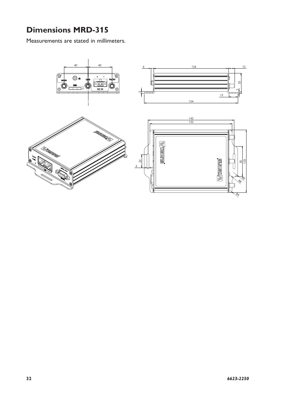 Dimensions mrd-315, Measurements are stated in millimeters | Westermo MRD-315 User Manual | Page 32 / 34