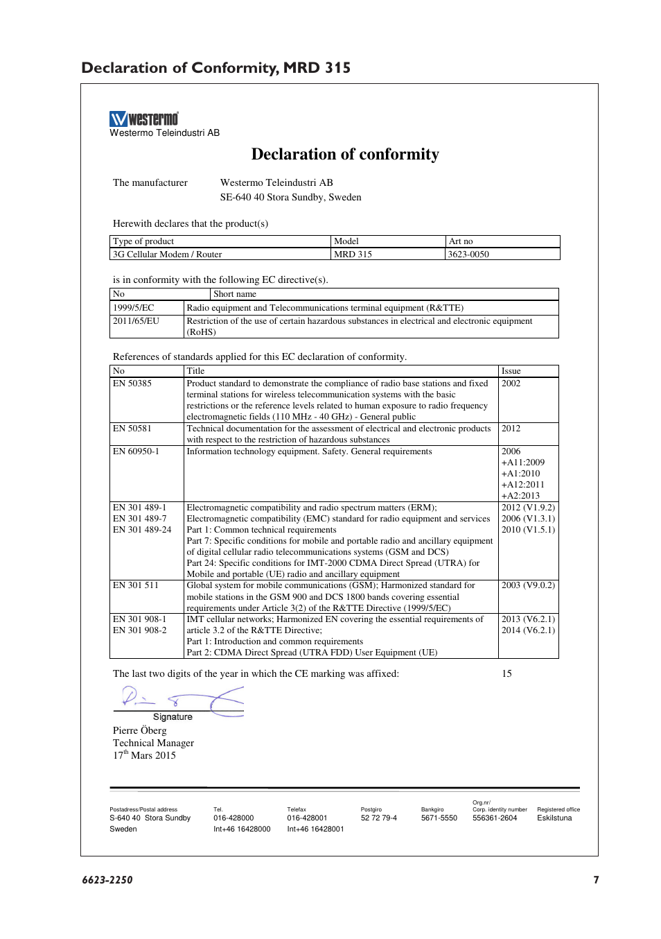 Declaration of conformity, Declaration of conformity, mrd 315 | Westermo MRD-315 User Manual | Page 7 / 34