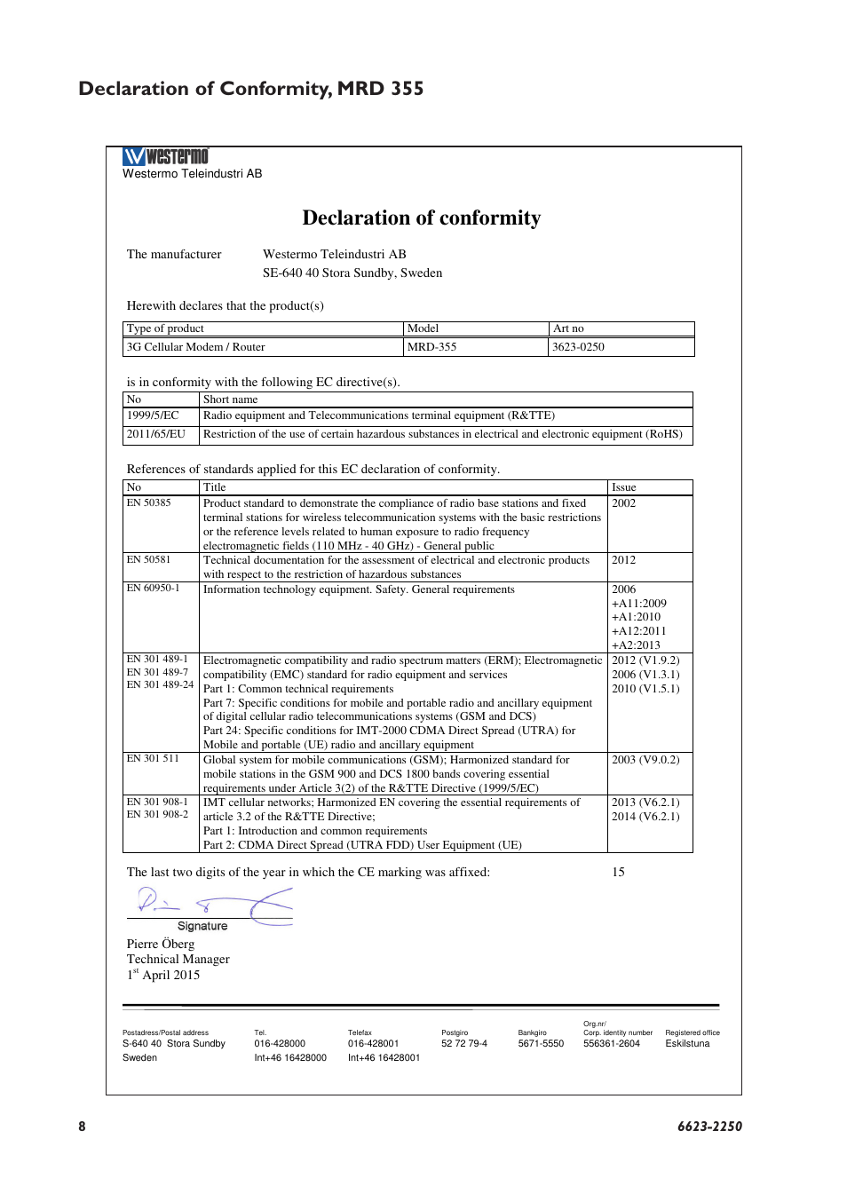 Declaration of conformity, Declaration of conformity, mrd 355 | Westermo MRD-315 User Manual | Page 8 / 34