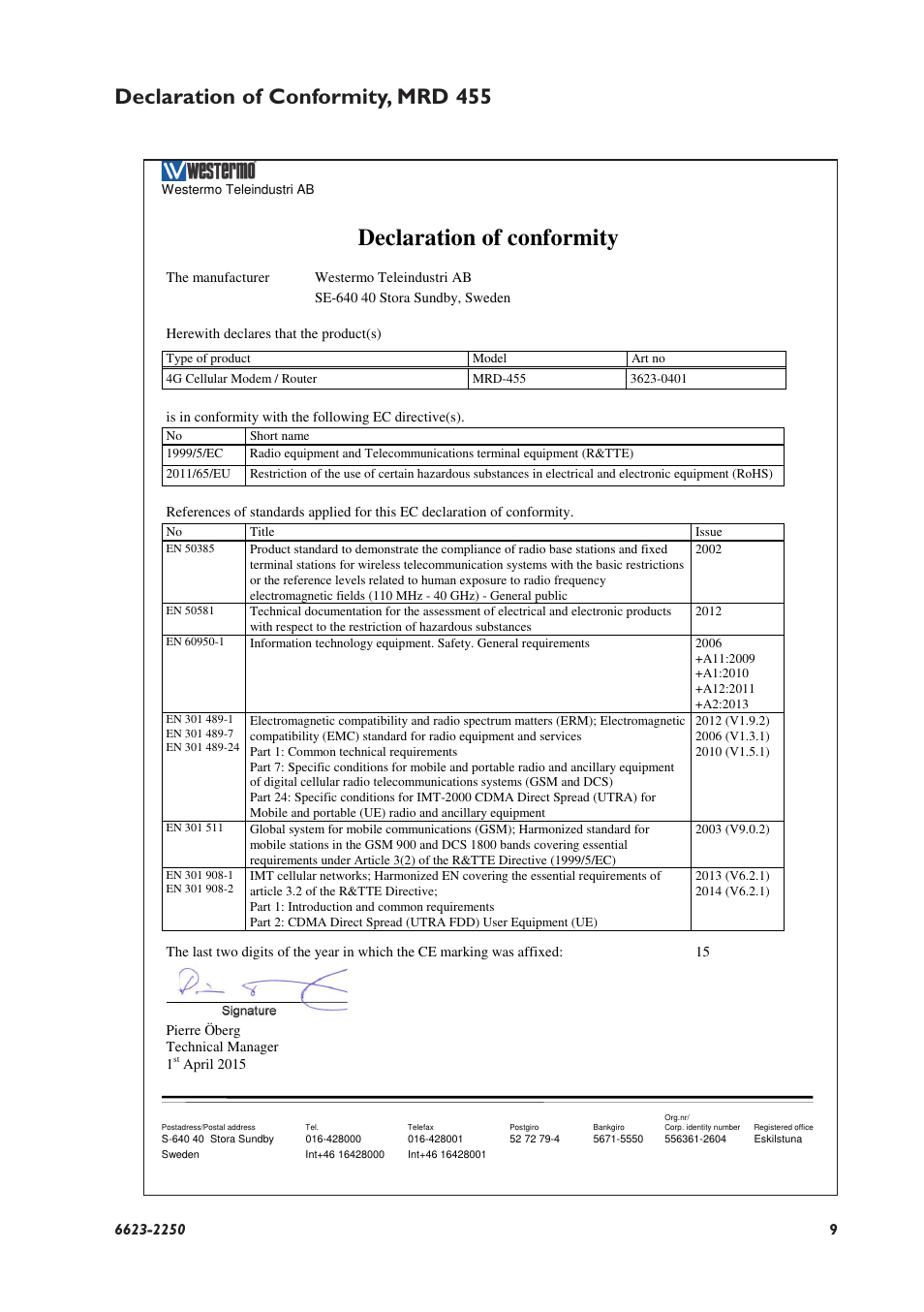 Declaration of conformity, Declaration of conformity, mrd 455 | Westermo MRD-315 User Manual | Page 9 / 34