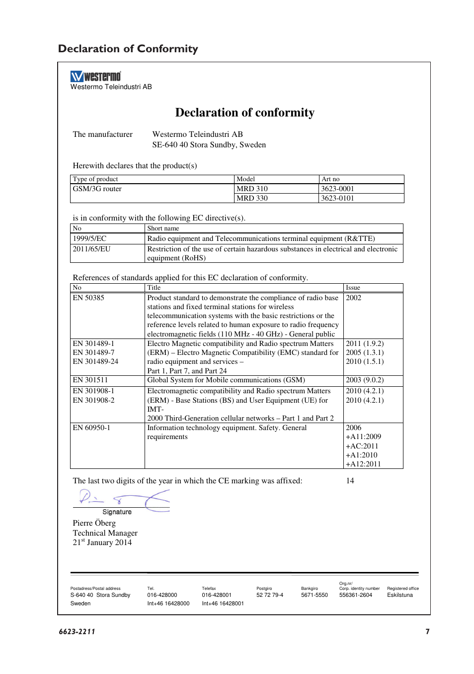 Declaration of conformity | Westermo MRD-330 User Manual | Page 7 / 32