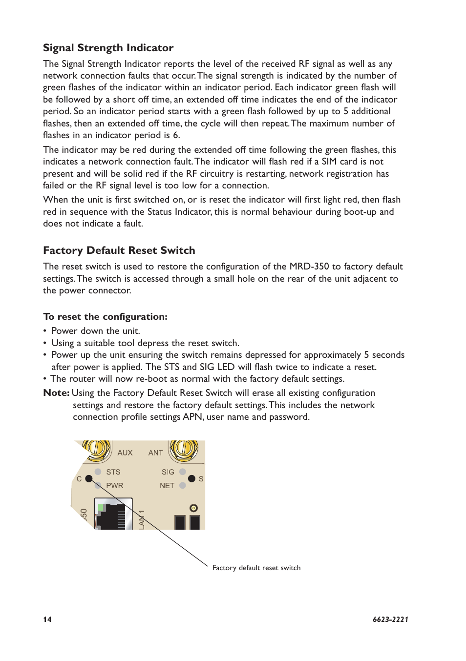 Signal strength indicator, Factory default reset switch | Westermo MRD-350 User Manual | Page 14 / 32