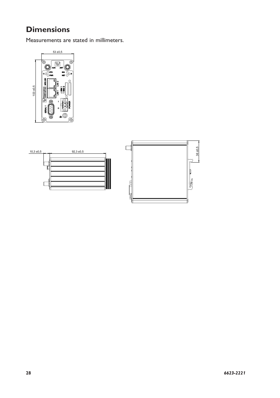Dimensions, Measurements are stated in millimeters | Westermo MRD-350 User Manual | Page 28 / 32
