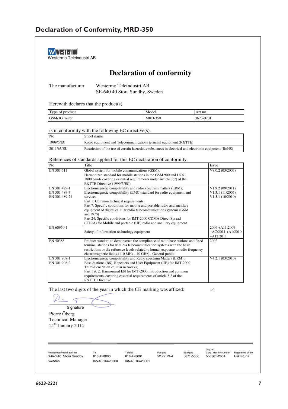 Declaration of conformity, Declaration of conformity, mrd-350, The manufacturer | Westermo teleindustri ab, January 2014 | Westermo MRD-350 User Manual | Page 7 / 32