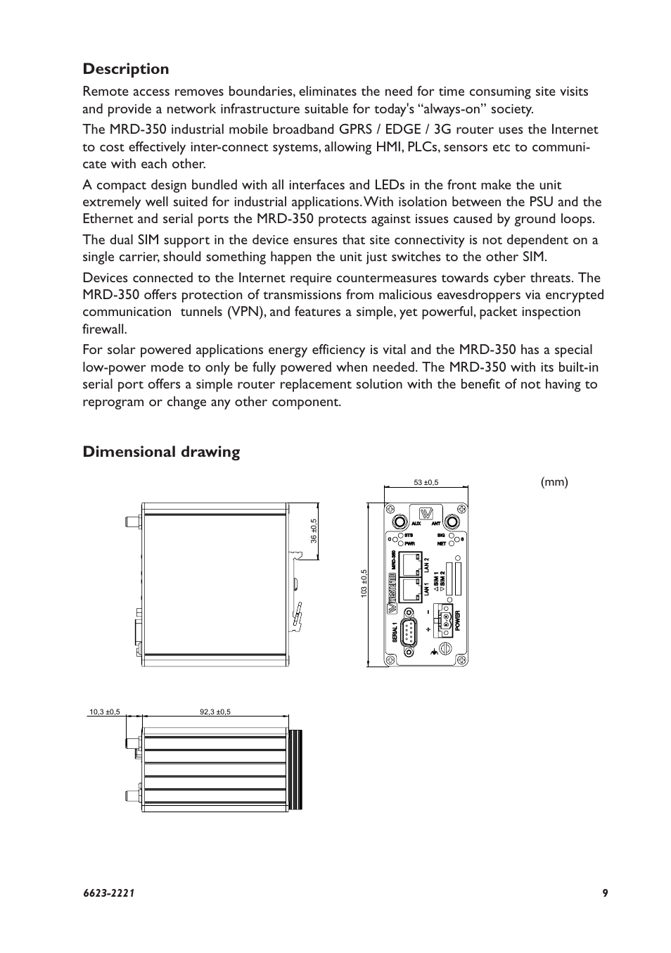 Description, Dimensional drawing | Westermo MRD-350 User Manual | Page 9 / 32