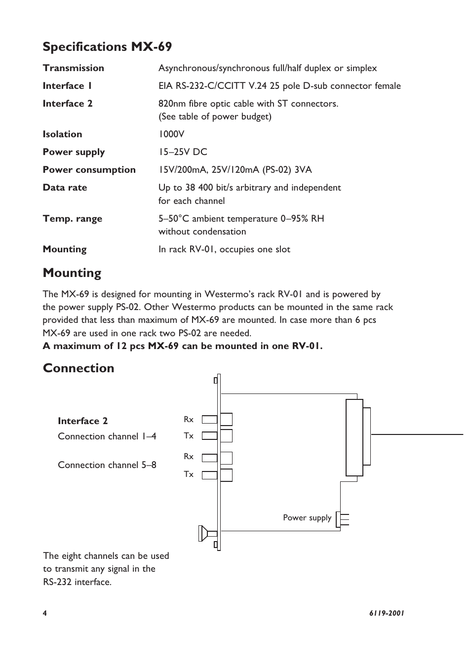 Connection specifications mx-69, Mounting | Westermo MX-69 User Manual | Page 2 / 6